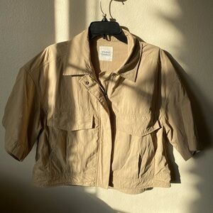 Studio Tomboy Women’s Short Sleeve Jacket In Beige Size S Large Pocket Oversized